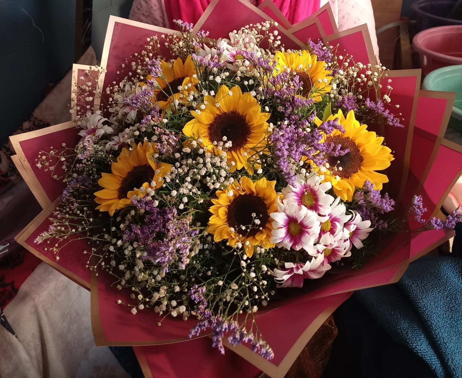 Golden Sunflowers with Purple Statice